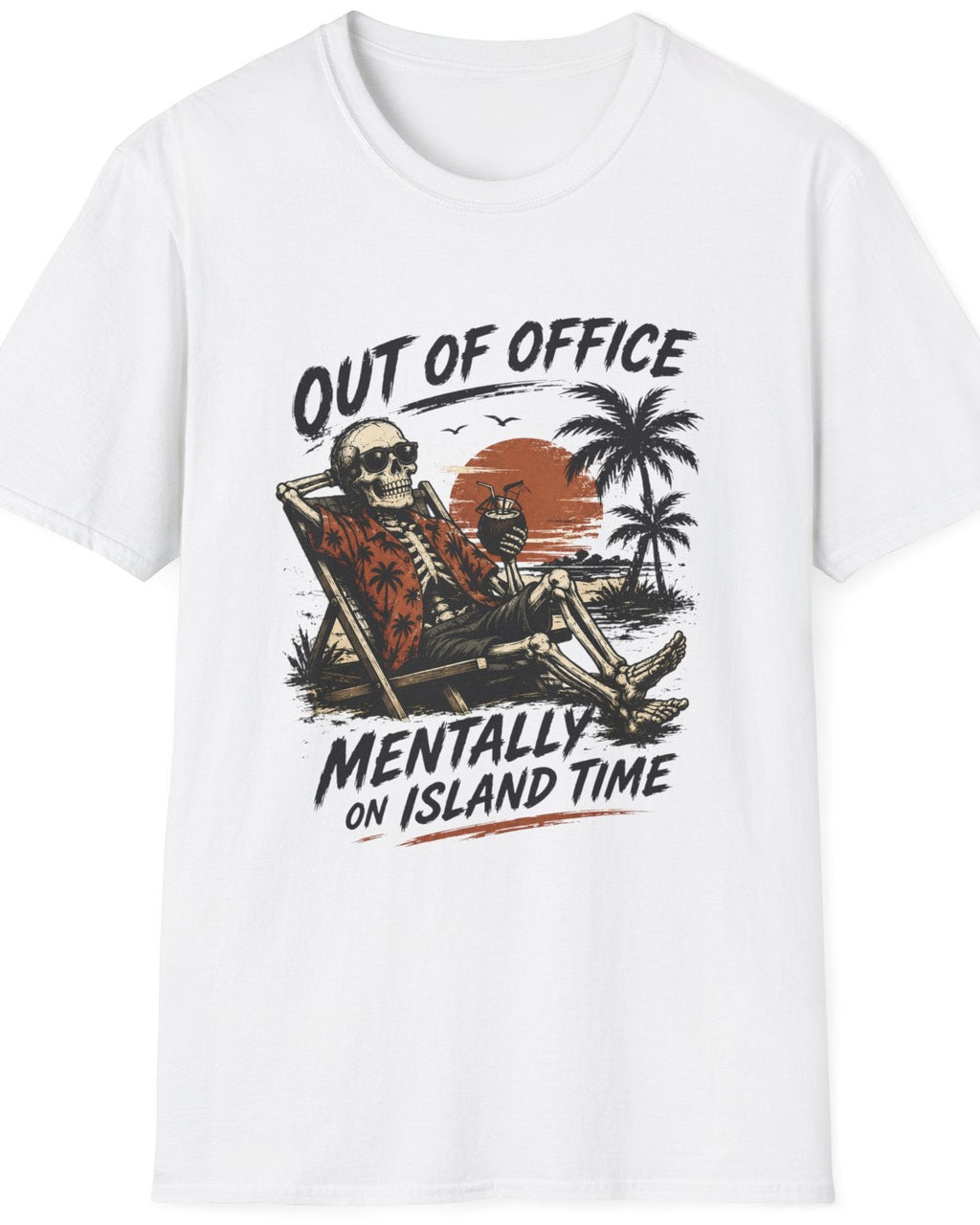 A white short-sleeve crewneck t-shirt featuring a retro-style graphic of a skeleton reclining in a beach chair on an island with palm trees and a sunset. The text reads 'OUT OF OFFICE' above the graphic and 'MENTALLY ON ISLAND TIME' below it.