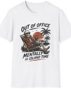 A white short-sleeve crewneck t-shirt featuring a retro-style graphic of a skeleton reclining in a beach chair on an island with palm trees and a sunset. The text reads 'OUT OF OFFICE' above the graphic and 'MENTALLY ON ISLAND TIME' below it.