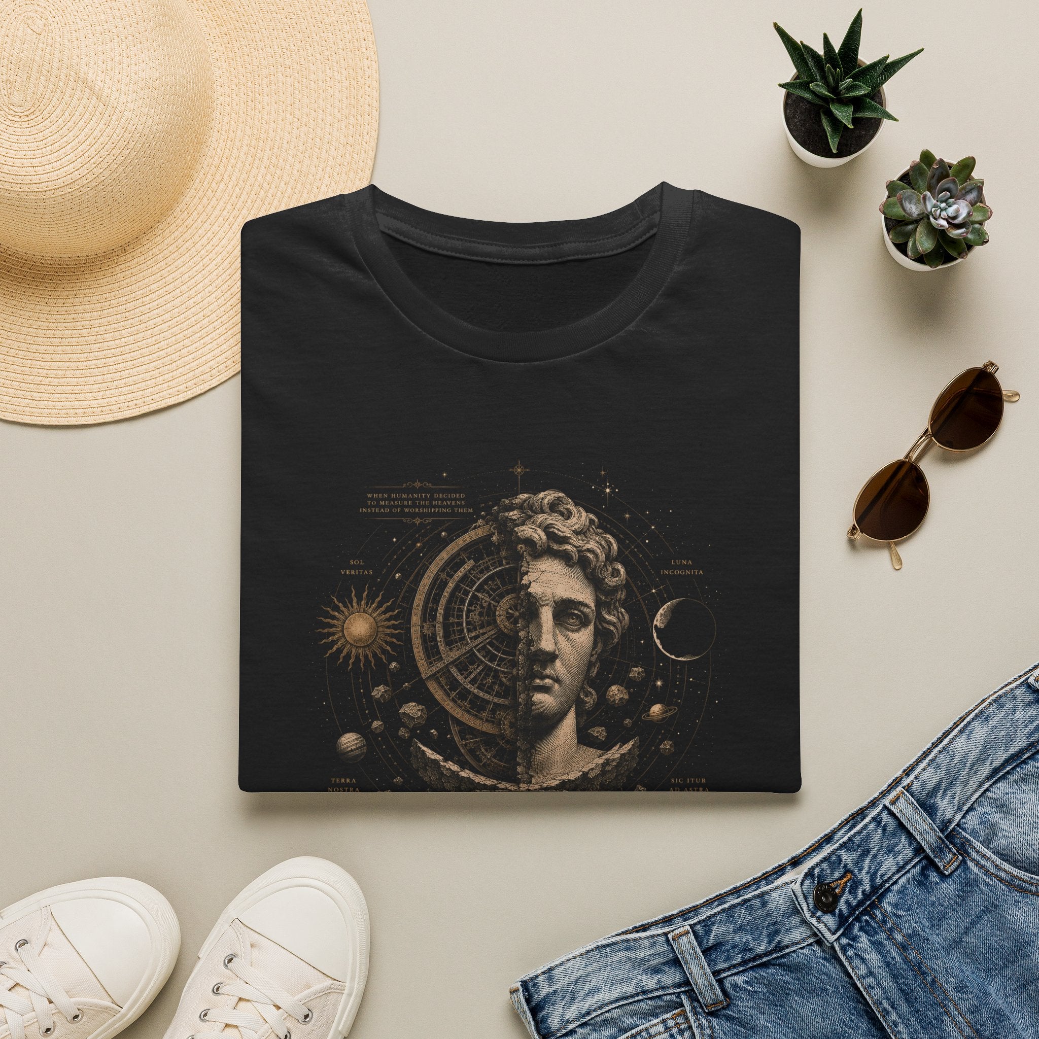 Astrology Muse T-Shirt — Cosmic Statue Sun & Moon Graphic Tee