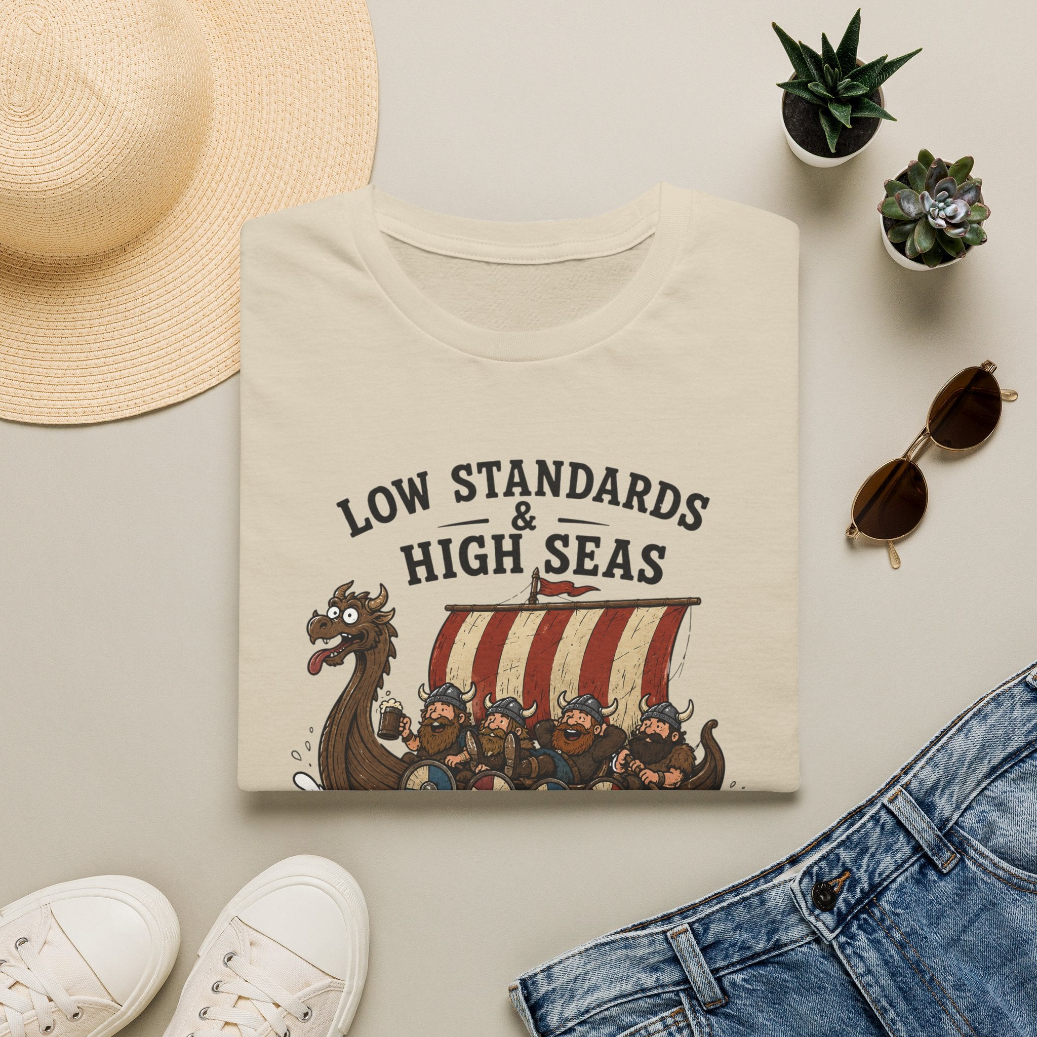 Viking Ship Tee — "Low Standards & High Seas" Graphic T-Shirt
