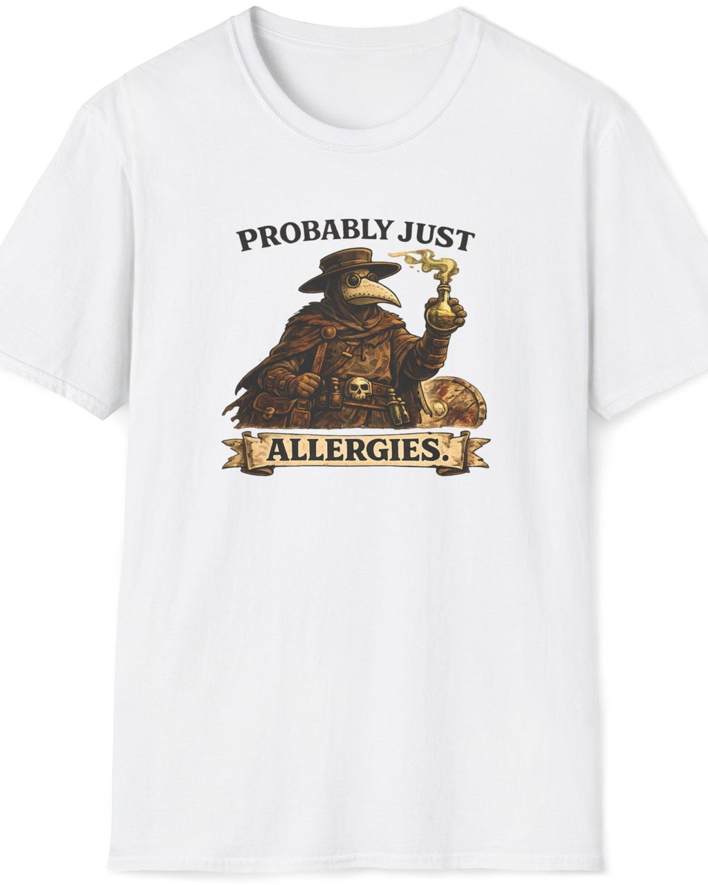 A white short-sleeve crewneck t-shirt featuring a vintage-style graphic of a bird character wearing a cowboy hat and holding a smoking pipe, with the text 'PROBABLY JUST ALLERGIES' printed on the front.