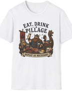A white short-sleeve crewneck t-shirt featuring a vintage-style graphic of Viking warriors with a longship, accompanied by the text 'EAT, DRINK & PILLAGE' and 'REPEAT AS NECESSARY'.
