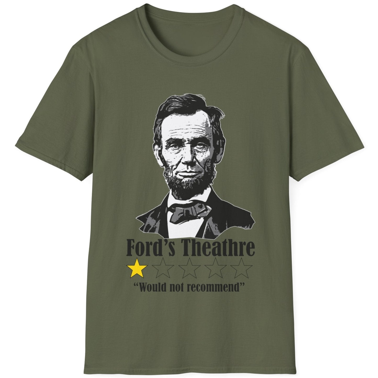 Green T-Shirt with the face of Abraham Lincoln with a review of Fords Theathre.