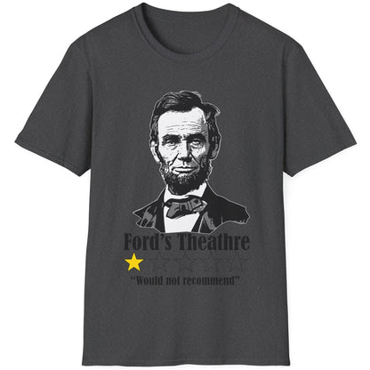 Heather Grey T-Shirt with the face of Abraham Lincoln with a review of Fords Theathre.