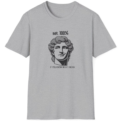 Grey T-Shirt with the face of Alexander the Great and the text "Mr 100%, If you know what I mean"