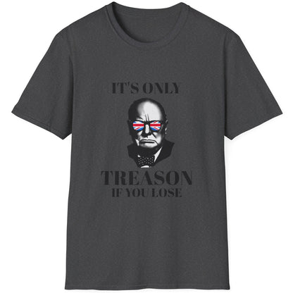 Heather Grey T-Shirt with an image of Winston Churchill wearing sunglasses with the UK flag colours and the text "It's only treason if you lose".