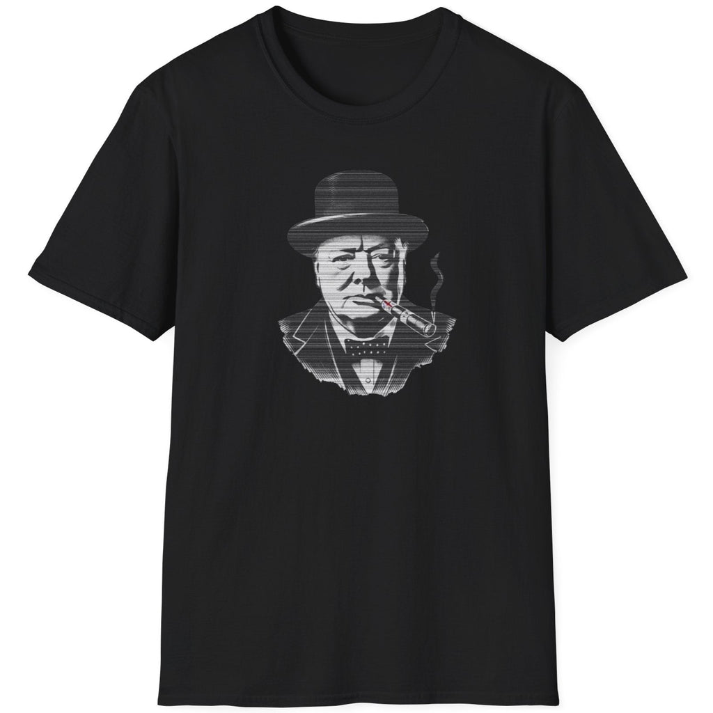 Black T-Shirt with an image of Winston Churchill enjoying a cigar with a UK flag on it. 
