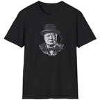 Black T-Shirt with an image of Winston Churchill enjoying a cigar with a UK flag on it. 