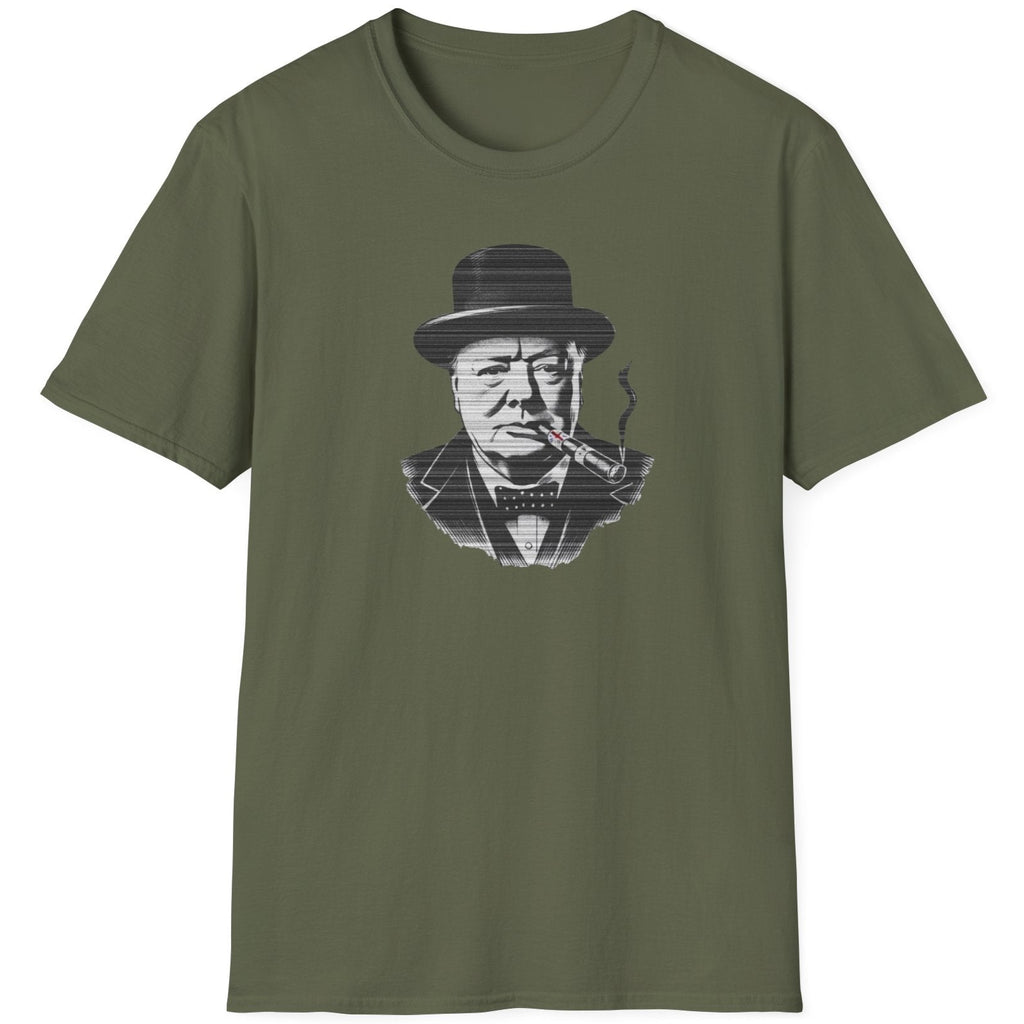 Green T-Shirt with an image of Winston Churchill enjoying a cigar with a UK flag on it. 