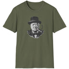 Green T-Shirt with an image of Winston Churchill enjoying a cigar with a UK flag on it. 