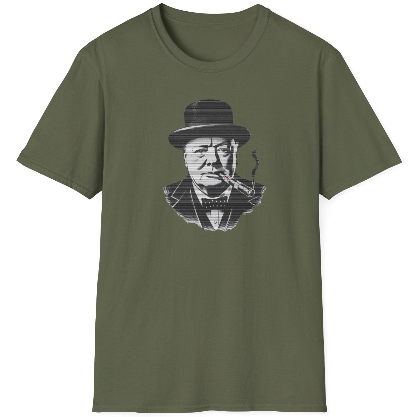 Green T-Shirt with an image of Winston Churchill enjoying a cigar with a UK flag on it. 