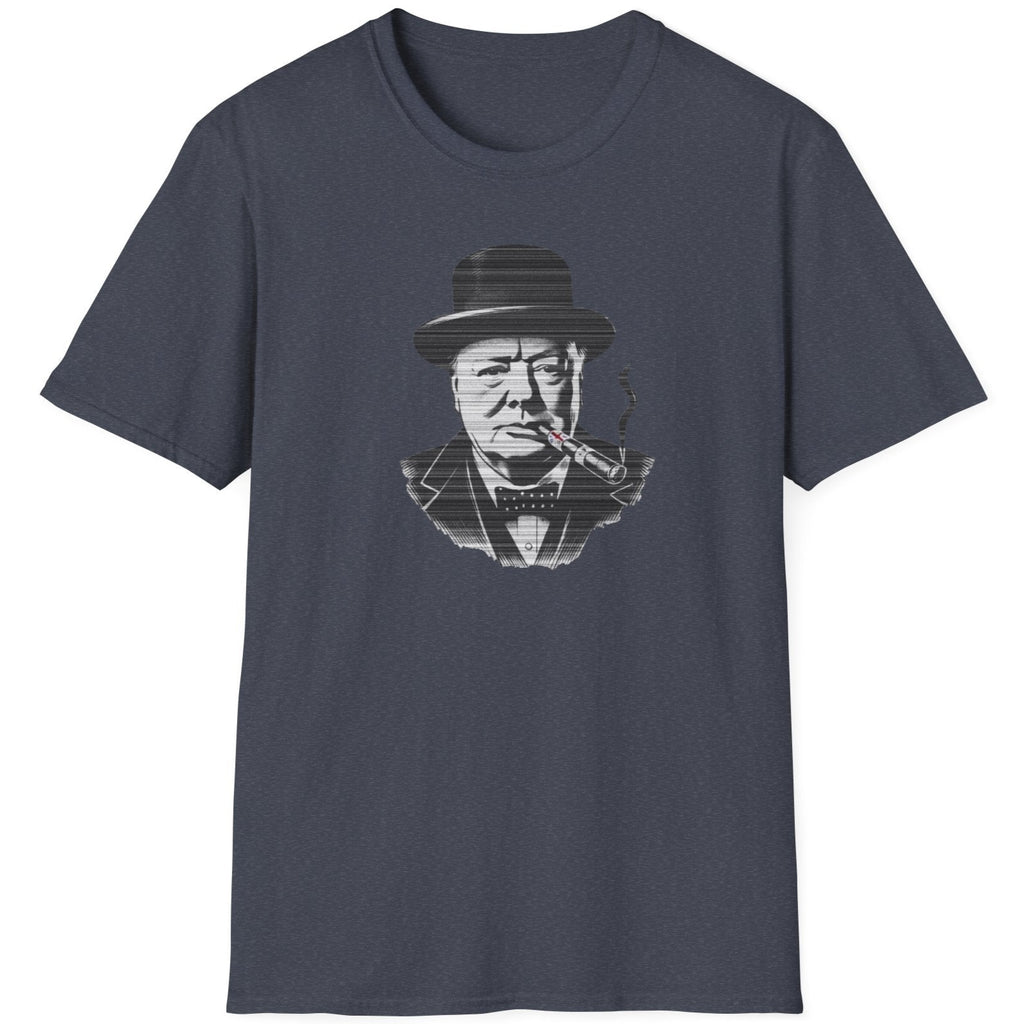 Heather navy T-Shirt with an image of Winston Churchill enjoying a cigar with a UK flag on it. 