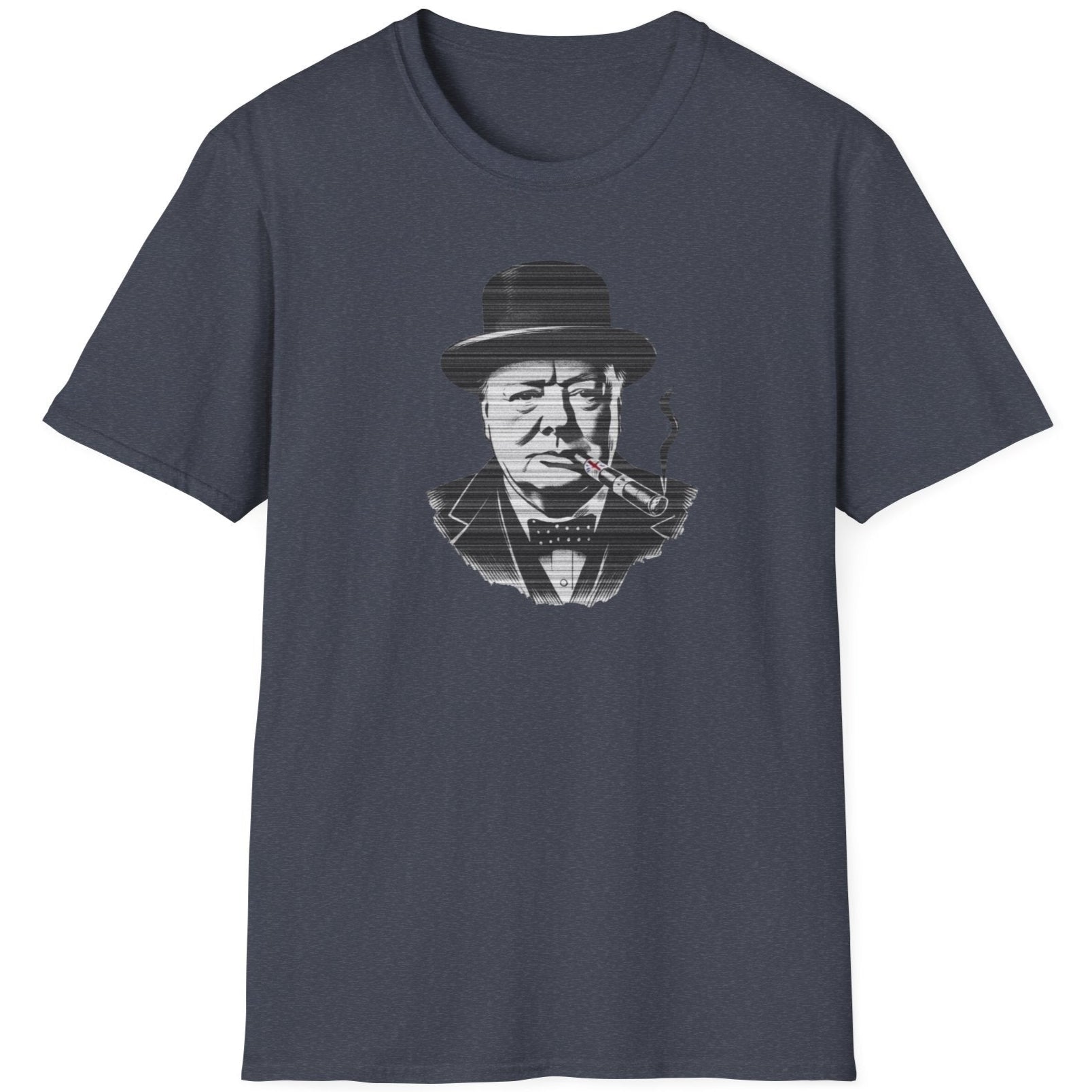 Heather navy T-Shirt with an image of Winston Churchill enjoying a cigar with a UK flag on it. 