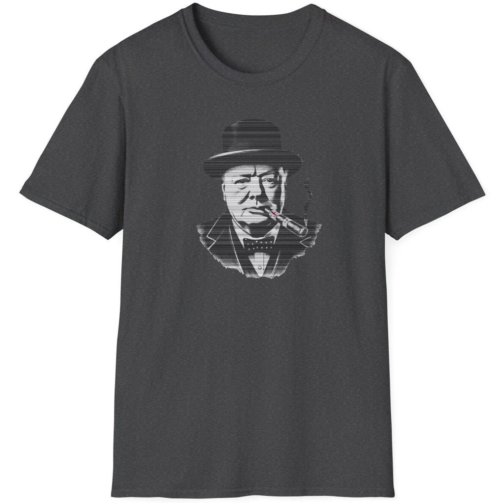 Heather grey T-Shirt with an image of Winston Churchill enjoying a cigar with a UK flag on it. 