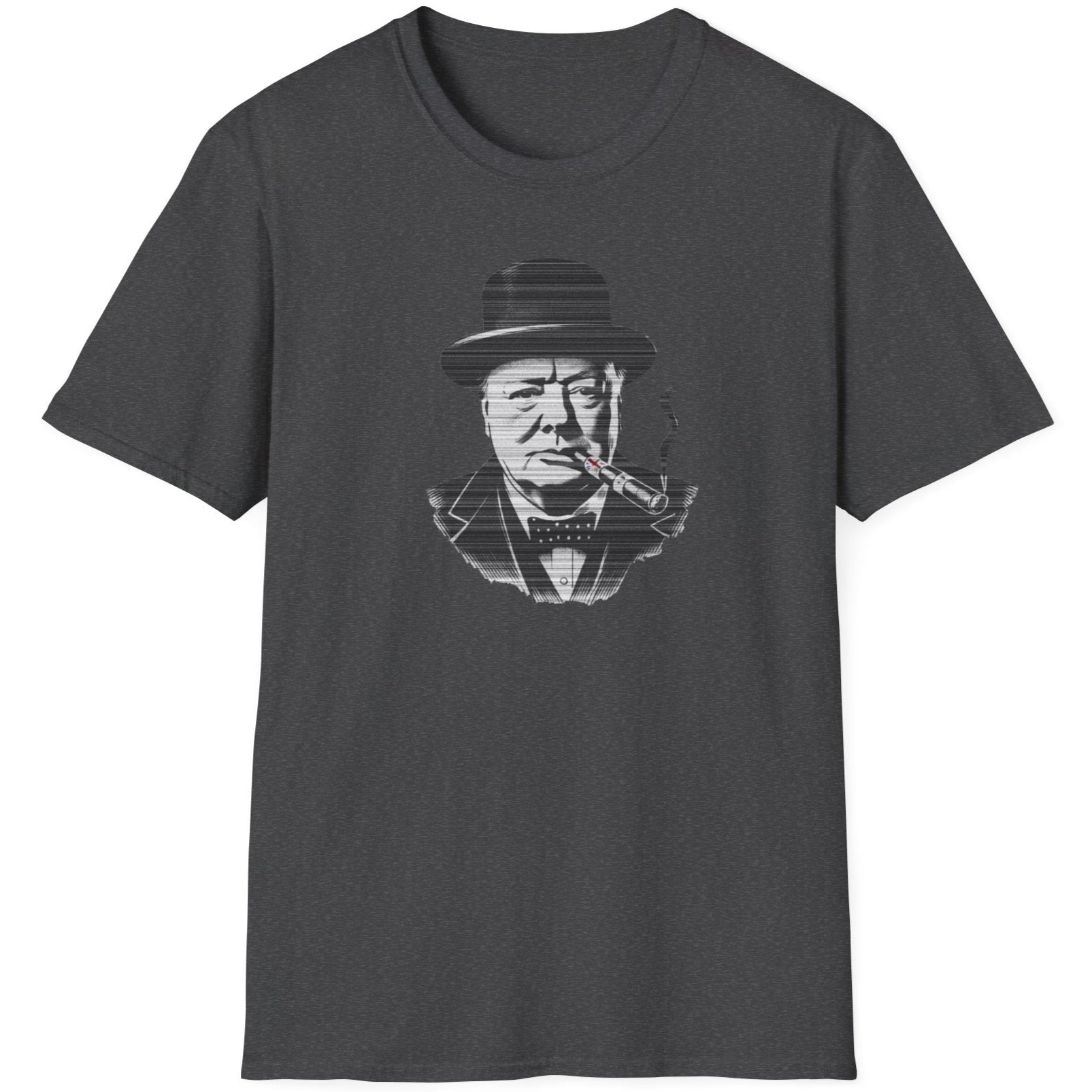 Heather grey T-Shirt with an image of Winston Churchill enjoying a cigar with a UK flag on it. 