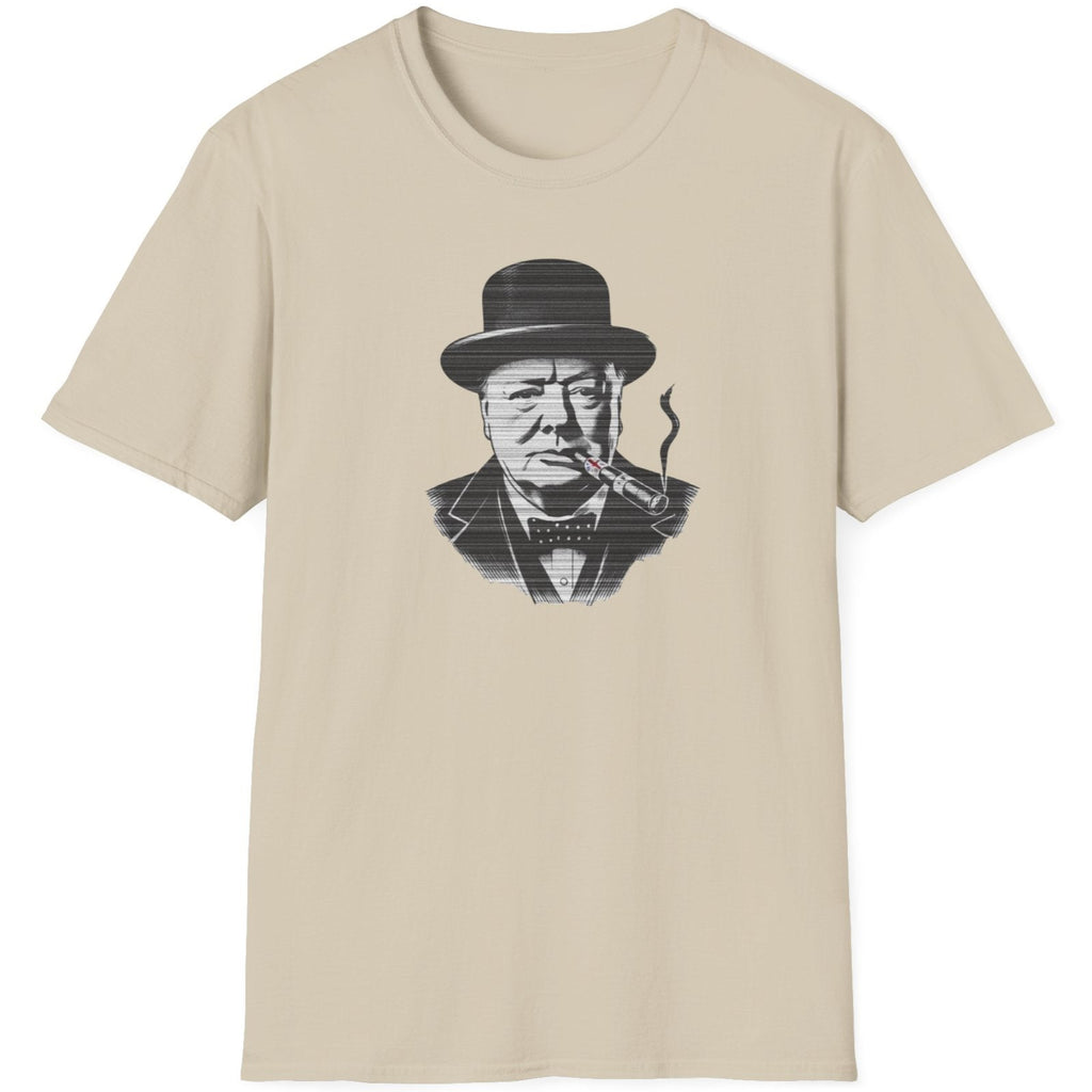 Natural T-Shirt with an image of Winston Churchill enjoying a cigar with a UK flag on it. 