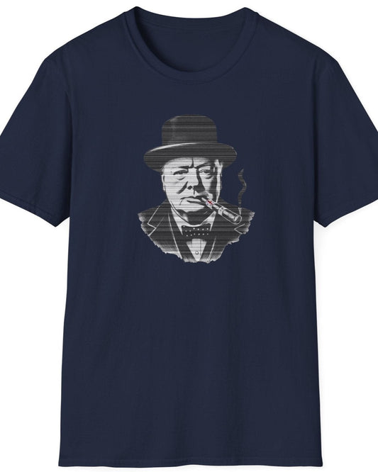 Navy T-Shirt with an image of Winston Churchill enjoying a cigar with a UK flag on it. 