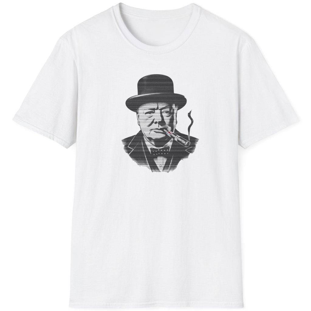 White T-Shirt with an image of Winston Churchill enjoying a cigar with a UK flag on it. 
