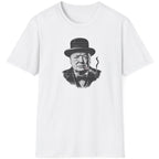 White T-Shirt with an image of Winston Churchill enjoying a cigar with a UK flag on it. 