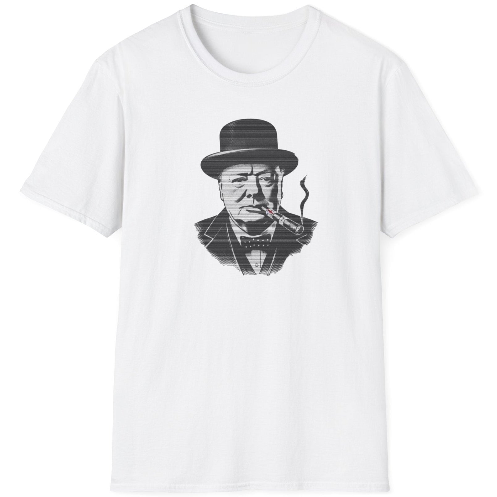 White T-Shirt with an image of Winston Churchill enjoying a cigar with a UK flag on it. 