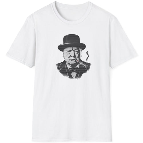 White T-Shirt with an image of Winston Churchill enjoying a cigar with a UK flag on it. 