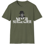 Green T-Shirt with the face of Winston Churchill and the text "Never Surrender".  Popular mens shirt fashion. 