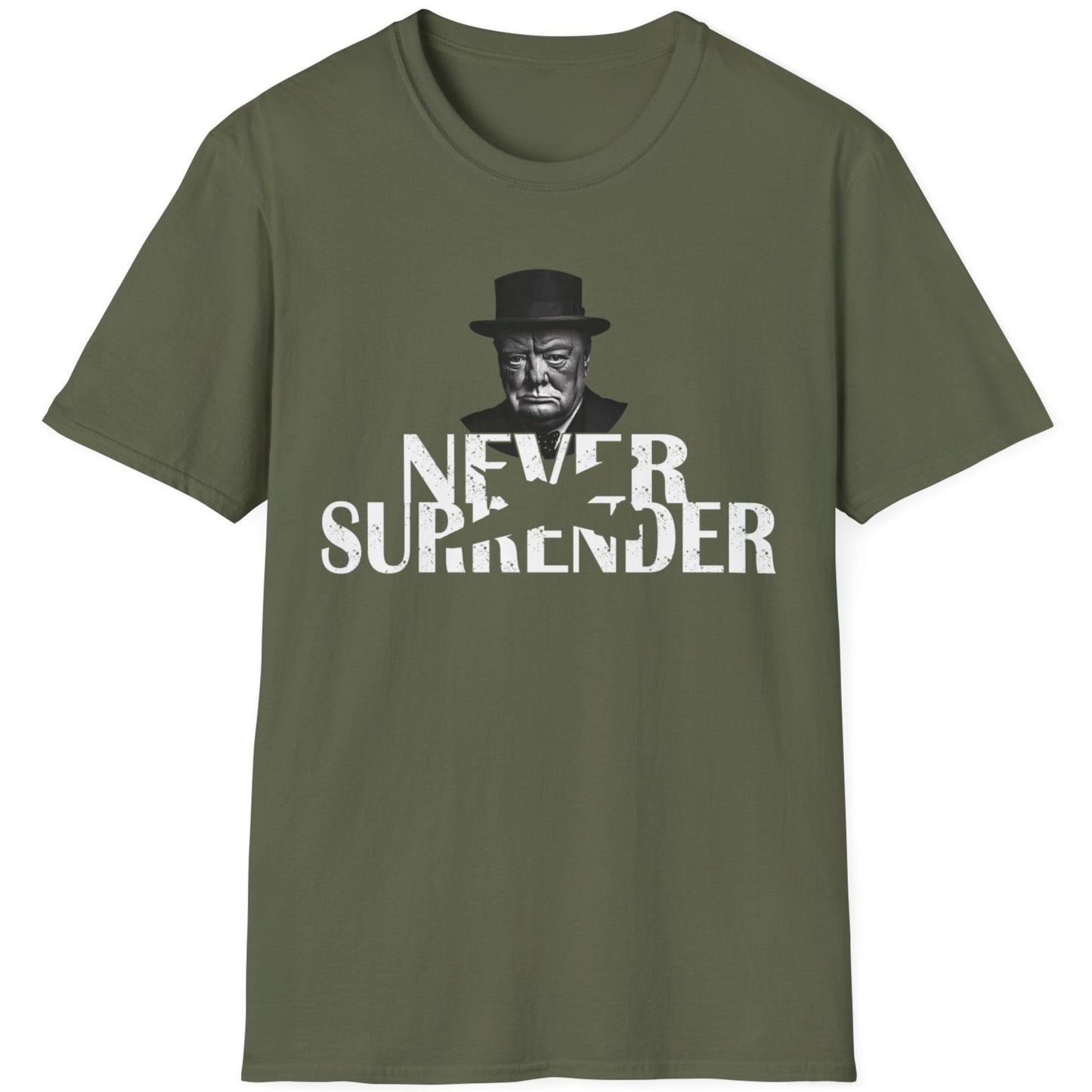 Green T-Shirt with the face of Winston Churchill and the text "Never Surrender".  Popular mens shirt fashion. 