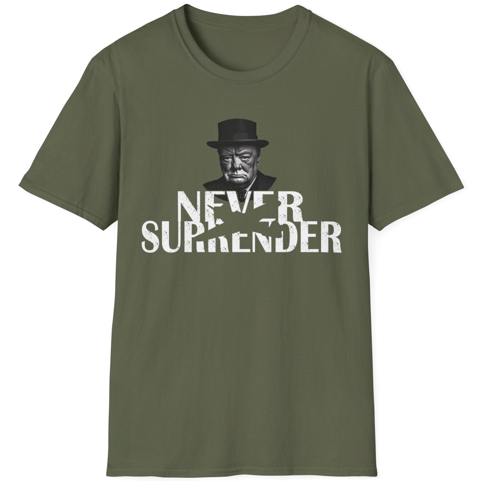 Green T-Shirt with the face of Winston Churchill and the text "Never Surrender".  Popular mens shirt fashion. 