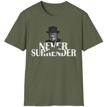 Green T-Shirt with the face of Winston Churchill and the text "Never Surrender".  Popular mens shirt fashion. 