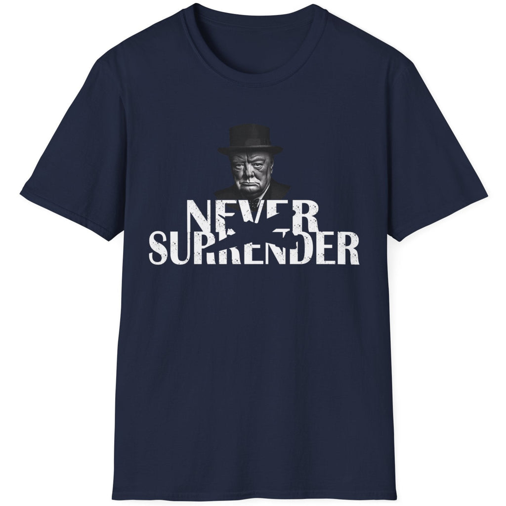 Navy T-Shirt with the face of Winston Churchill and the text "Never Surrender".  Popular mens shirt fashion. 