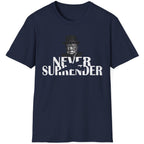 Navy T-Shirt with the face of Winston Churchill and the text "Never Surrender".  Popular mens shirt fashion. 
