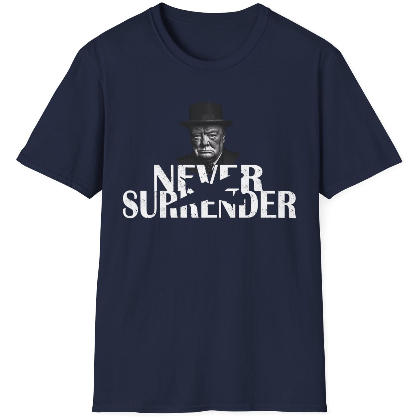 Navy T-Shirt with the face of Winston Churchill and the text "Never Surrender".  Popular mens shirt fashion. 
