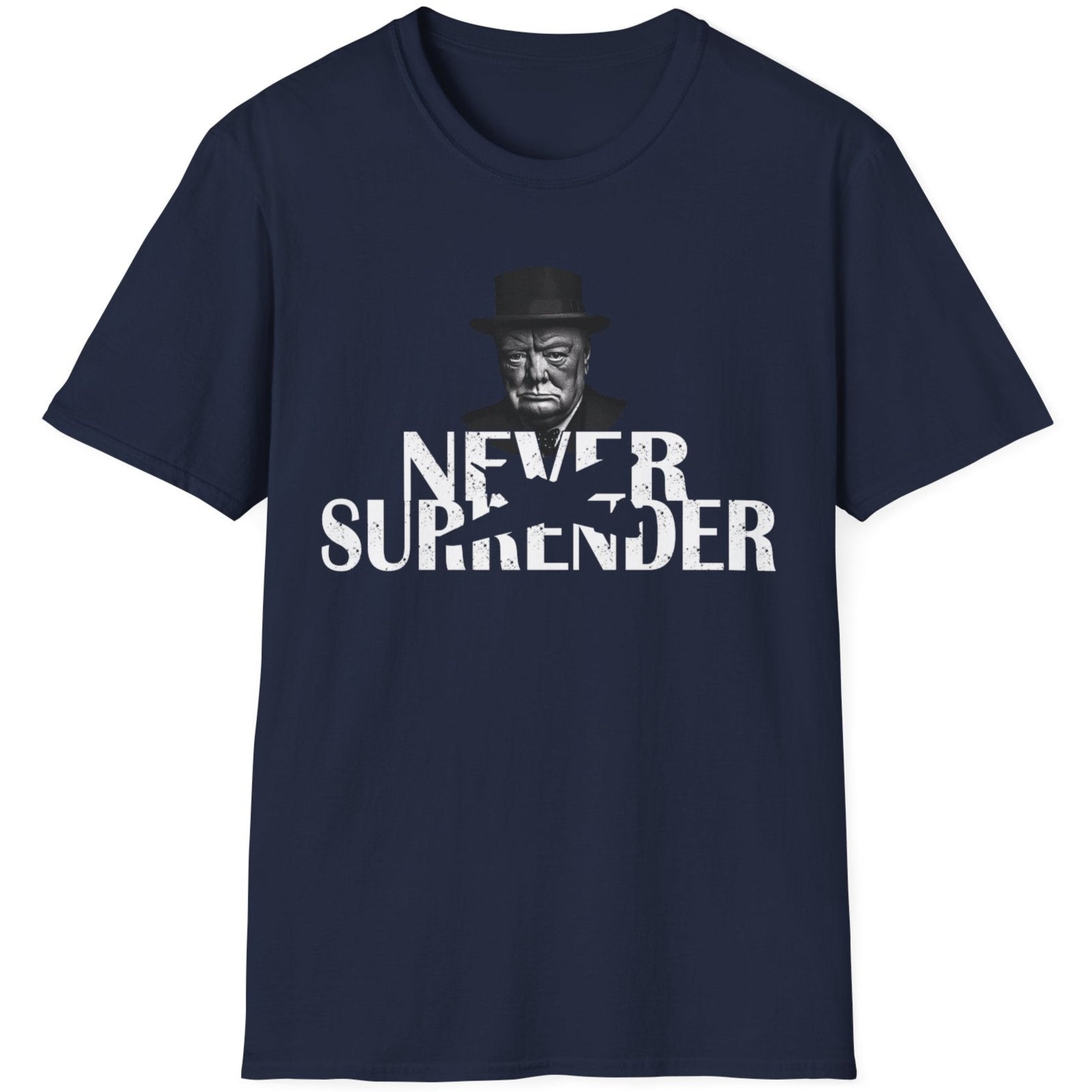 Navy T-Shirt with the face of Winston Churchill and the text "Never Surrender".  Popular mens shirt fashion. 
