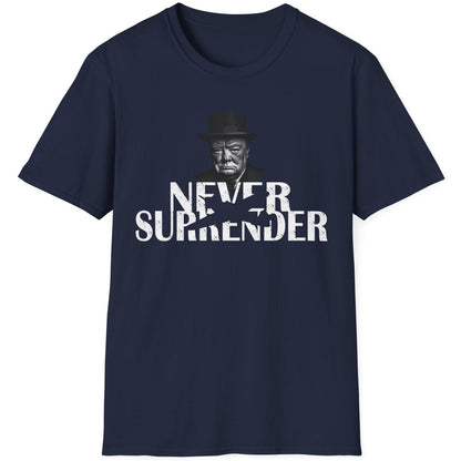 Navy T-Shirt with the face of Winston Churchill and the text "Never Surrender".  Popular mens shirt fashion. 