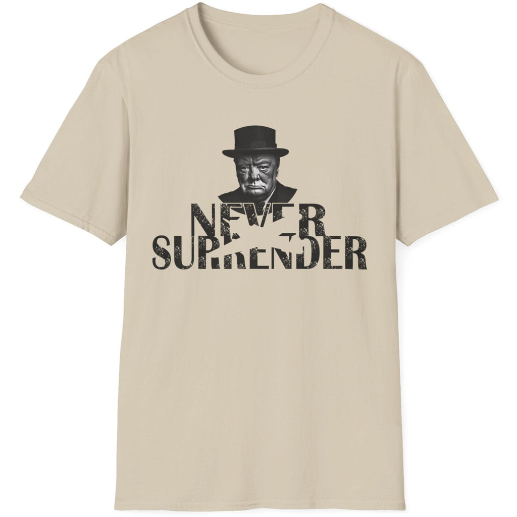 Sand T-Shirt with the face of Winston Churchill and the text "Never Surrender".  Popular mens shirt fashion. 