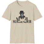 Sand T-Shirt with the face of Winston Churchill and the text "Never Surrender".  Popular mens shirt fashion. 