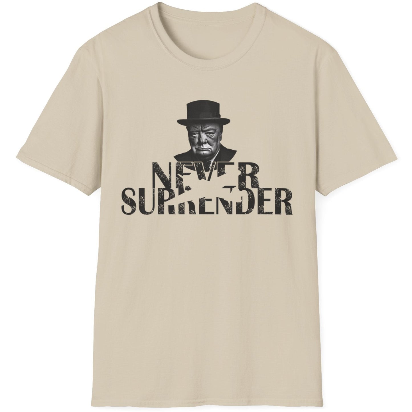 Sand T-Shirt with the face of Winston Churchill and the text "Never Surrender".  Popular mens shirt fashion. 
