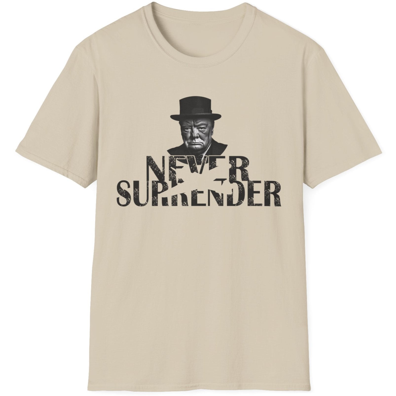 Sand T-Shirt with the face of Winston Churchill and the text "Never Surrender".  Popular mens shirt fashion. 