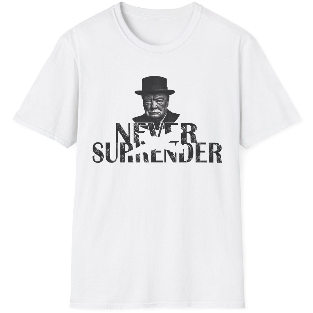 White T-Shirt with the face of Winston Churchill and the text "Never Surrender".  Popular mens shirt fashion. 