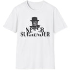White T-Shirt with the face of Winston Churchill and the text "Never Surrender".  Popular mens shirt fashion. 