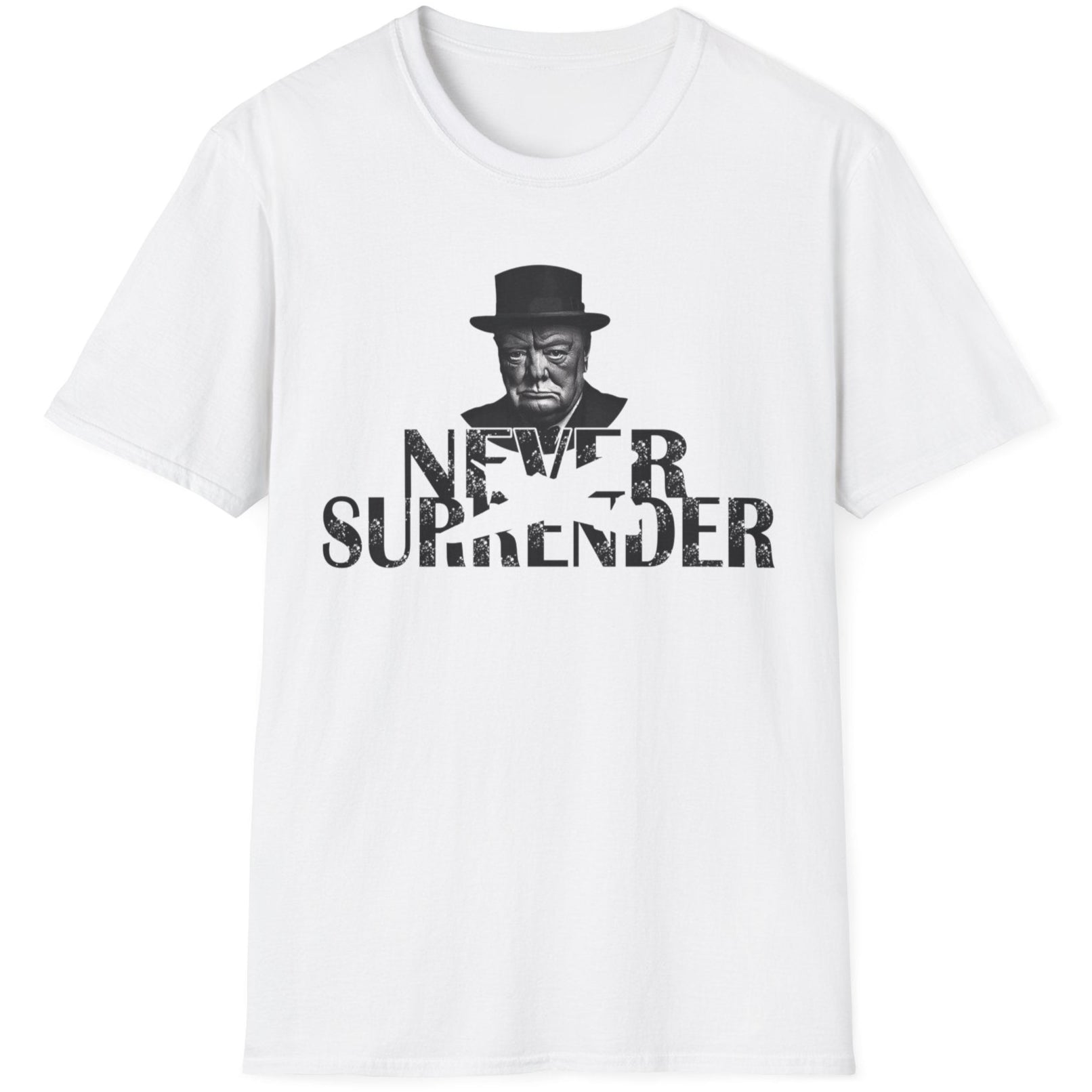 White T-Shirt with the face of Winston Churchill and the text "Never Surrender".  Popular mens shirt fashion. 
