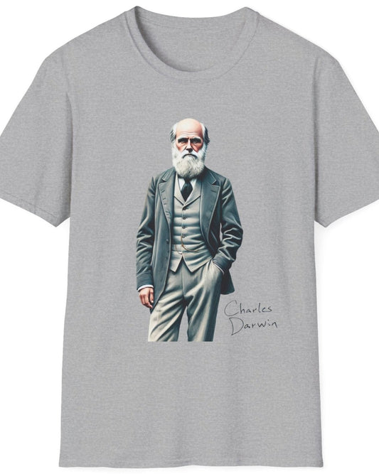 Grey T-Shirt with an image of Charles Darwin dressed in a suit.