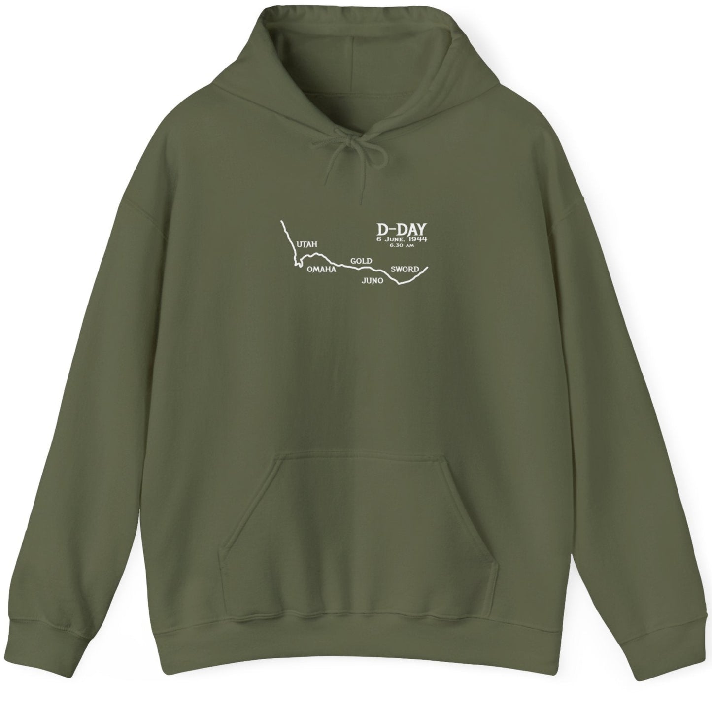 Green Hoodie with the names of all the beaches that was breached on D Day. Those beaches are "Utah", "Omaha", "Gold", "Juno" and "Sword".