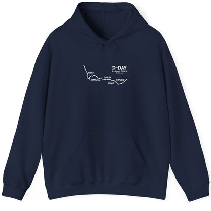 Navy Hoodie with the names of all the beaches that was breached on D Day. Those beaches are "Utah", "Omaha", "Gold", "Juno" and "Sword".