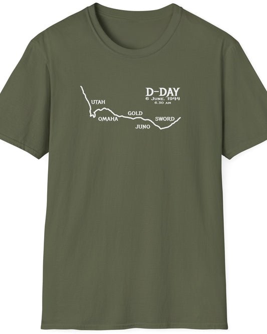 Green T-Shirt with the names of all the beaches that was breached on D Day. Those beaches are "Utah", "Omaha", "Gold", "Juno" and "Sword".