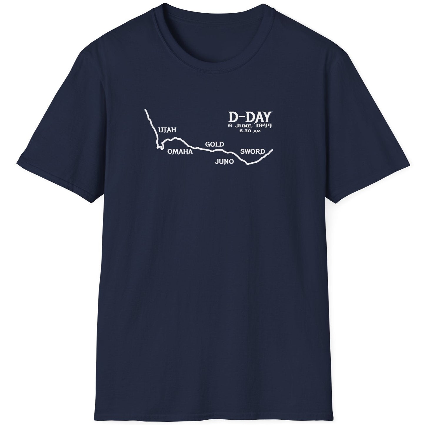 Navy T-Shirt with the names of all the beaches that was breached on D Day. Those beaches are "Utah", "Omaha", "Gold", "Juno" and "Sword".