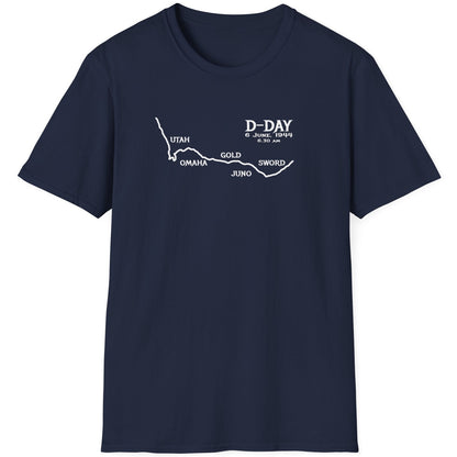 Navy T-Shirt with the names of all the beaches that was breached on D Day. Those beaches are "Utah", "Omaha", "Gold", "Juno" and "Sword".