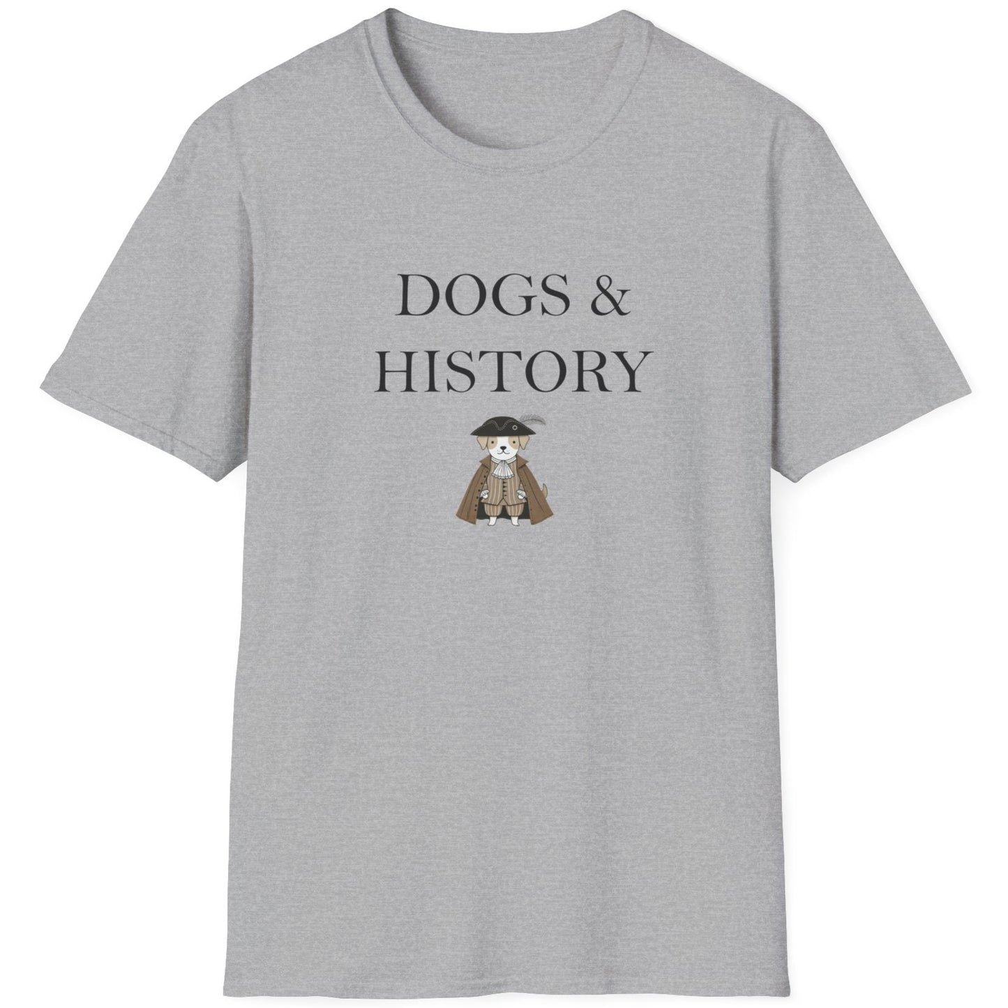 Grey T-Shirt with the text "Dogs & History" and an image of a dog dressed in a cape.