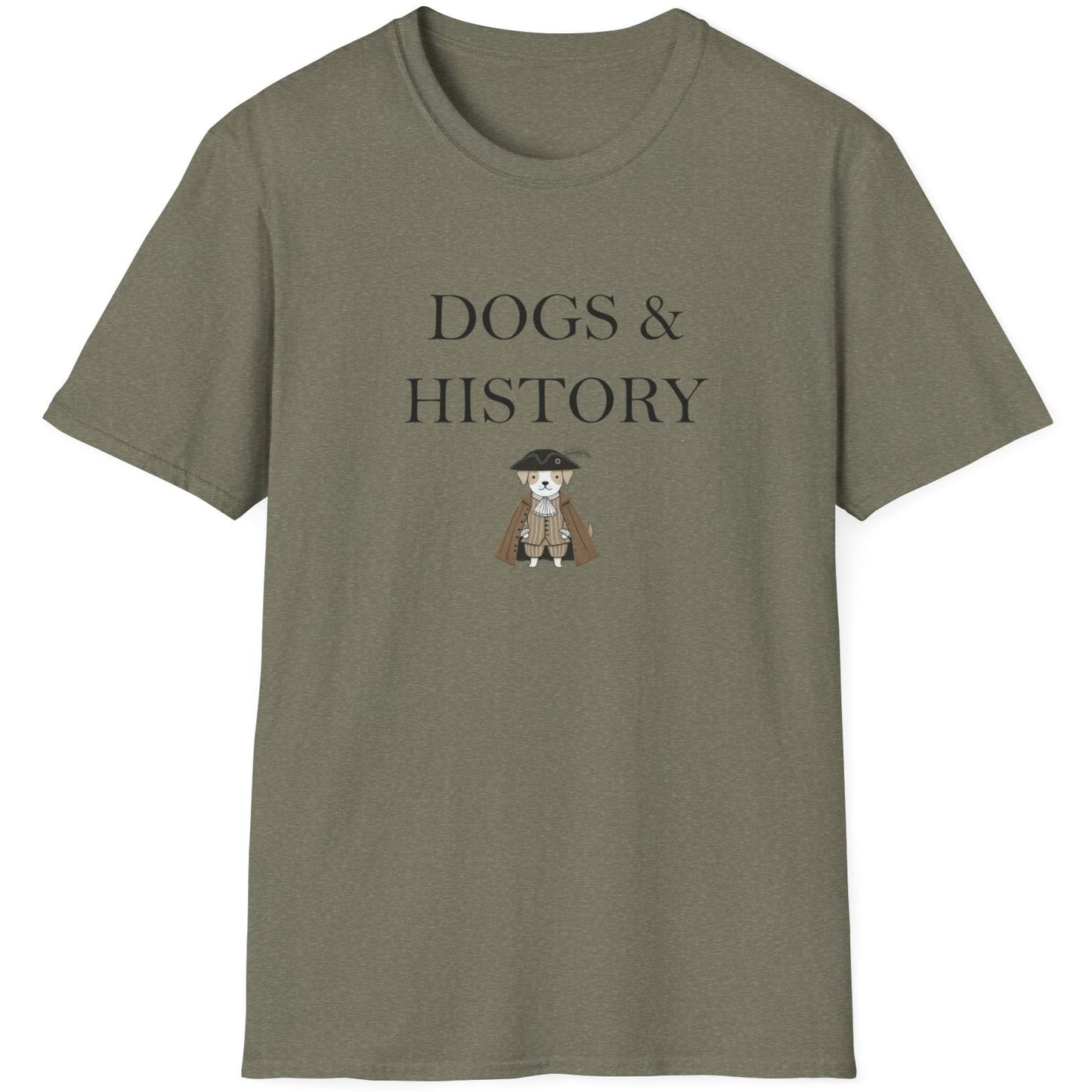 Heather Green T-Shirt with the text "Dogs & History" and an image of a dog dressed in a cape.