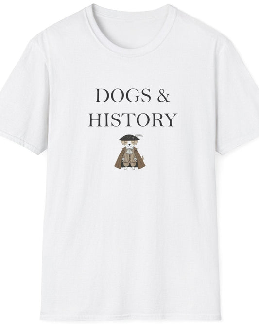 White T-Shirt with the text "Dogs & History" and an image of a dog dressed in a cape.